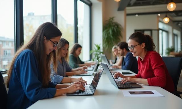 Jóvenes empresarios en un espacio de coworking moderno