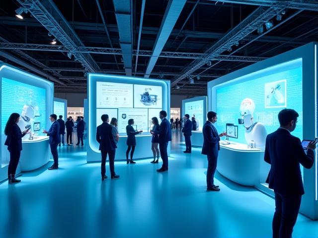 Feria tecnológica con innovaciones y dispositivos modernos